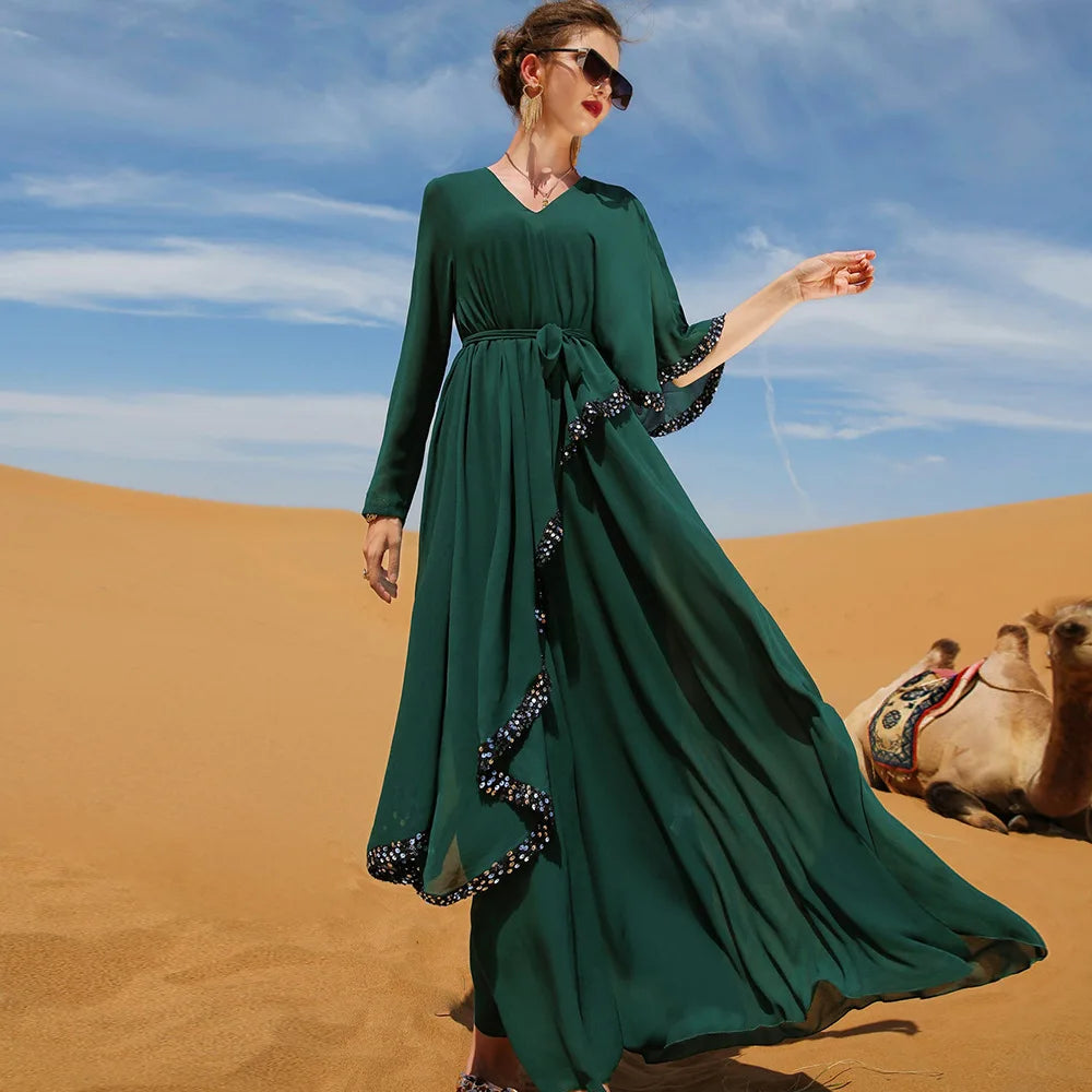 New Arrival Double Layer Chiffon Sequin Irregular Dress Slim and Fair Muslim Fashion Long Dress Luxury Abaya
