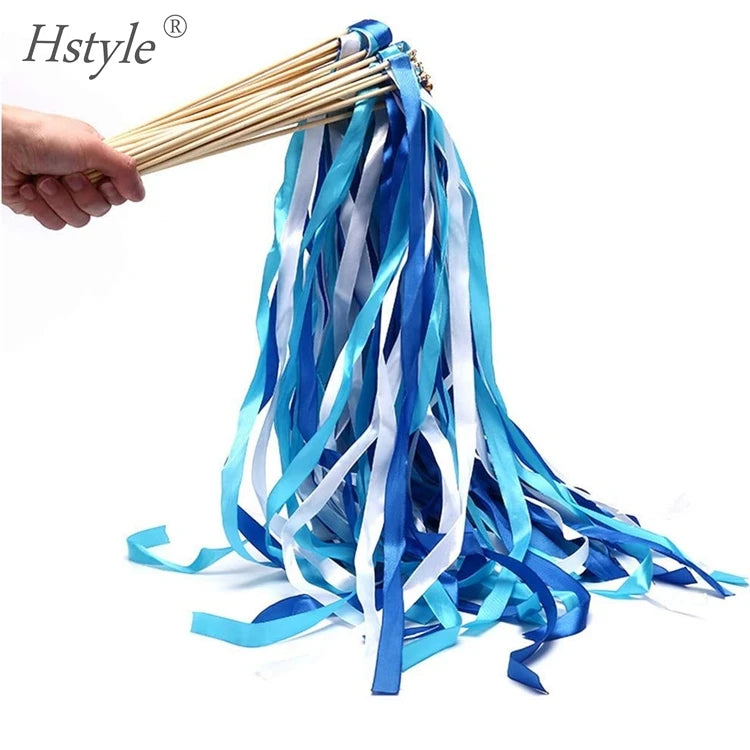 Blue Ribbon Fairy Wands with Bell and Smooth Wood Sticks Chromatic Silk Waving Party Streamers for Wedding Best Wishes SD2-1