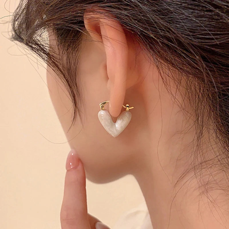 Elegant Gold Plated Resin Acrylic U Shaped Earrings White Enamel Heart Drop for Girls for Weddings and Parties