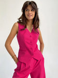 Enyami Summer Streetwear Casual Matching Suit Solid Color Sleeveless Buttons Vest Wide Leg Pants Co Ord Sets