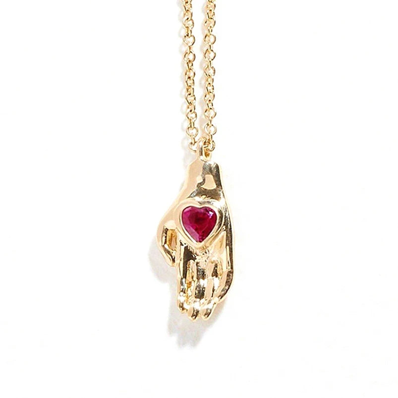 Gemnel Fashion Women Ruby Heart in Hand Pendant Recycled Sterling Silver 18k Gold Plated Necklace