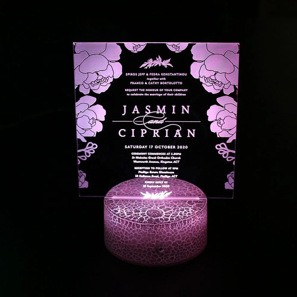 Custom Wholesale Cheap Clear Luxury Acrylic Cards LED Engrave Laser Text and Pattern Wedding Invitations