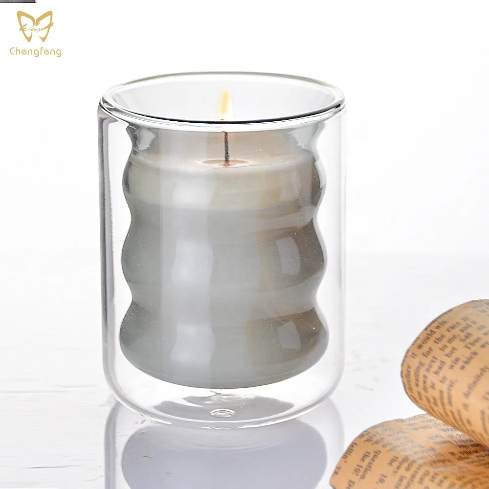 Factory Wholesale Personalized Double Wall Gray Candle Holder Glass Candle Vessel Decorative Glass Candle Jars