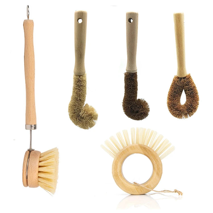 Stylish Reusable Round Bamboo Handle Dish Cleaning Brush for Kitchen Use on Dishes Bowls Pans Pots Vegetables and Fruits