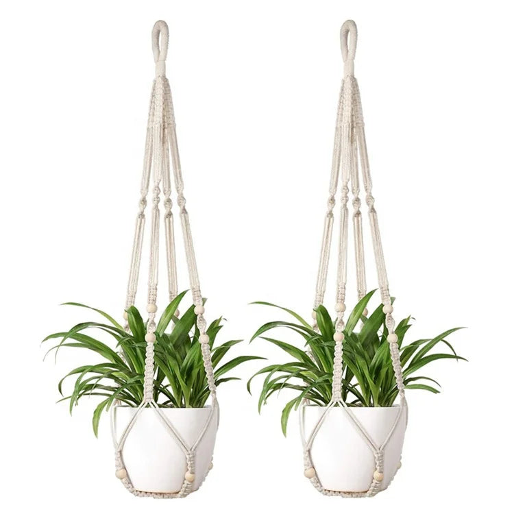 YUJIN Cotton Rope  Indoor Hanging Planter Basket with Wood Beads Decorative Flower Pot Holder