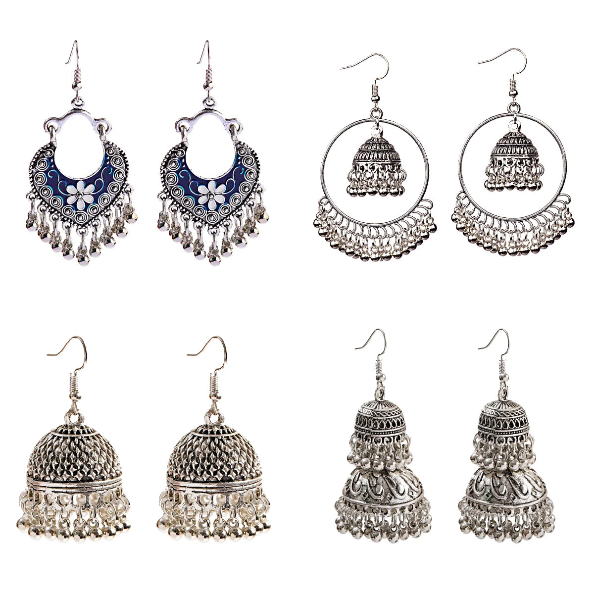 DouVei Vintage Alloy Silver Plated Drop Charm Crystal Rhinestone Bells Dangle Earrings with Tassel for Women Gift Occasion