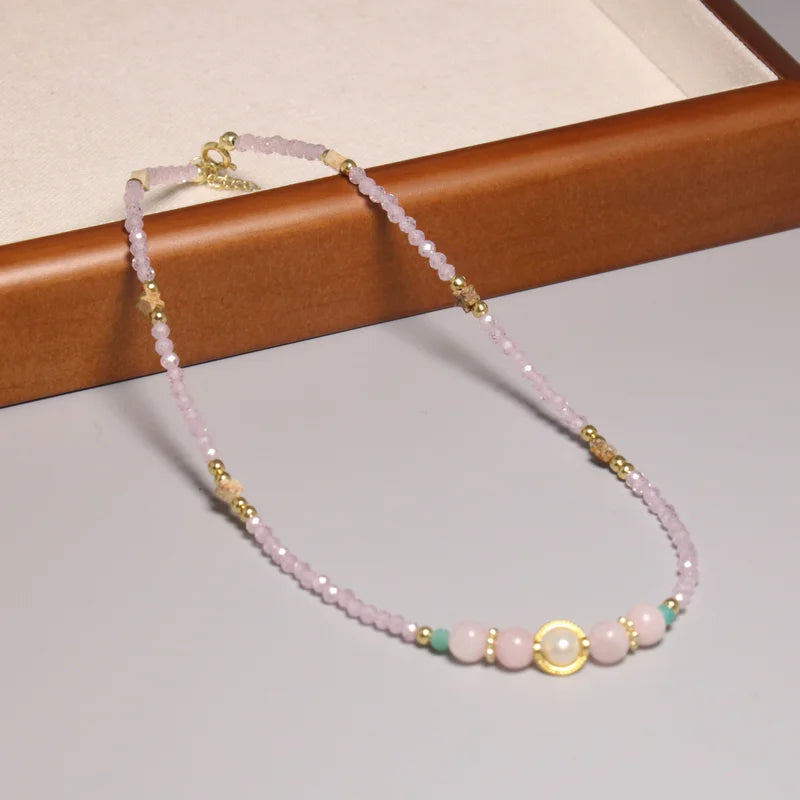 Natural Minimalist Faceted Rose Quartz Stone Necklace for Women Freshwater Pearl Charm Healing Crystal Necklace Fashion Jewelry