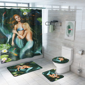 Mermaid Lotus Shower Curtains Carpet Floor Mat Four-piece Combination Bathroom Mat Set Waterpoof Bathroom Decor Bath Curtain
