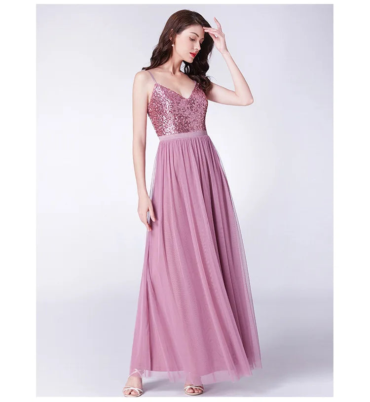 Customized Plus Size A-Line Sequin Wedding Party Formal Prom Dress Tulle Spaghetti Sashes Evening Bridesmaid Dresses