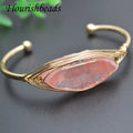 18K Gold Plated Natural Rough Stone Lemon Quartz Fluorite Wire Wrapped Adjustable Gemstone Open Bangles for Women