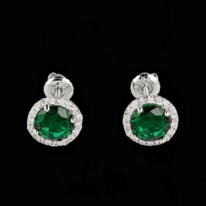 Emerald Zircon Halo Bling Jewelry 925 Sterling Silver Women's Stud Earrings for Ladies