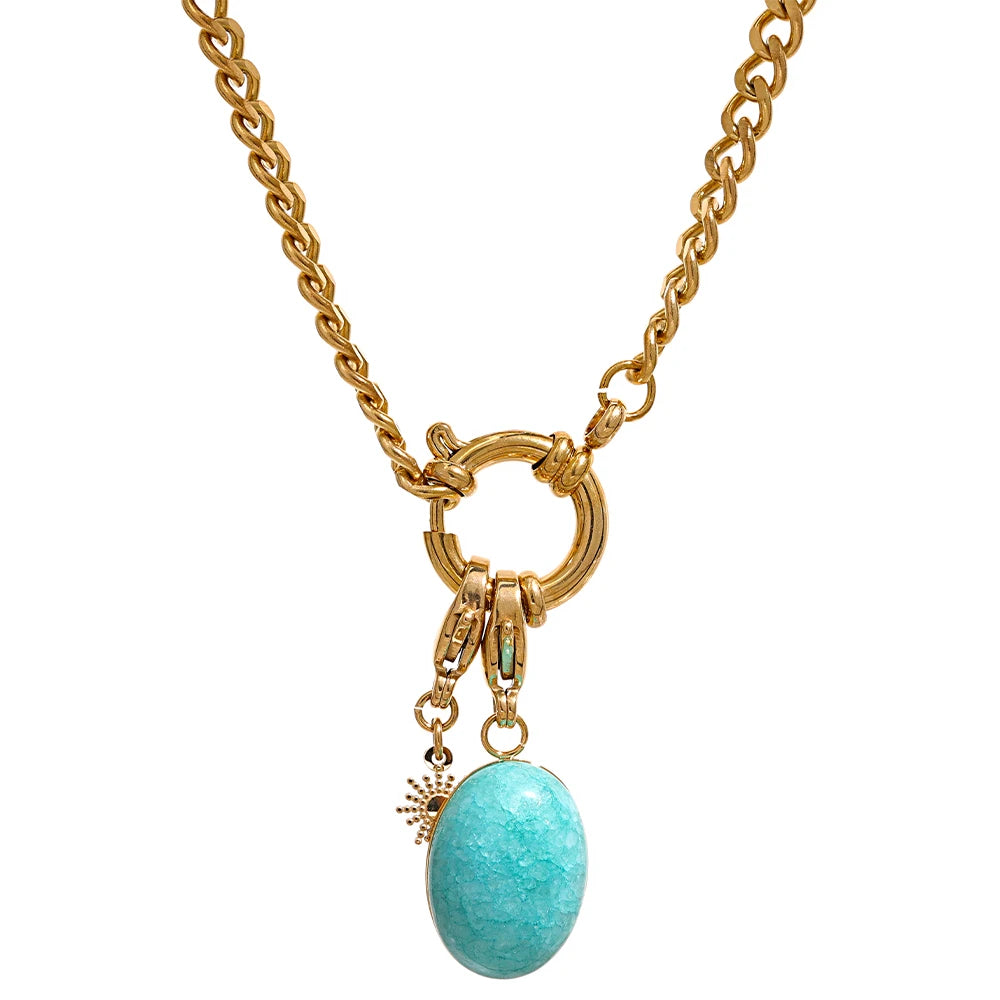 JINYOU 391 French Fashion Charms Women Jewelry Blue Gemstone Necklace Natural Stone Stainless Steel Metal Chain Pendant Necklace