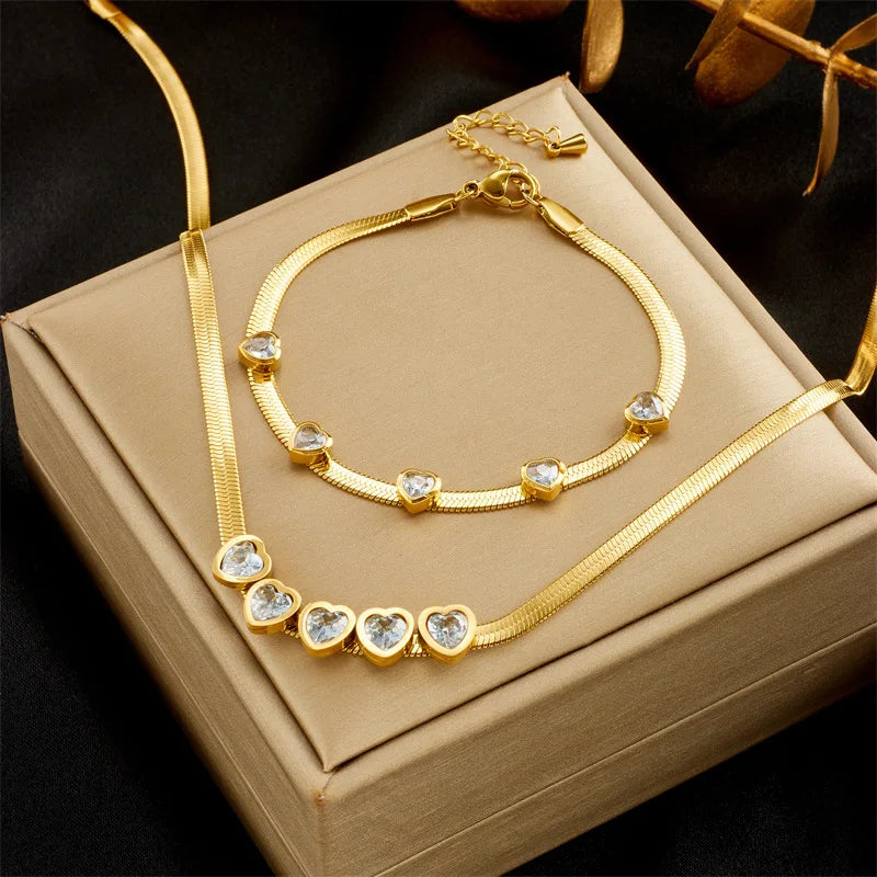 Nabest 18K Gold Plated Women's Jewelry Set Pave CZ Zircon Heart Necklace Bracelet Stainless Steel Snake Chain Wedding Engagement