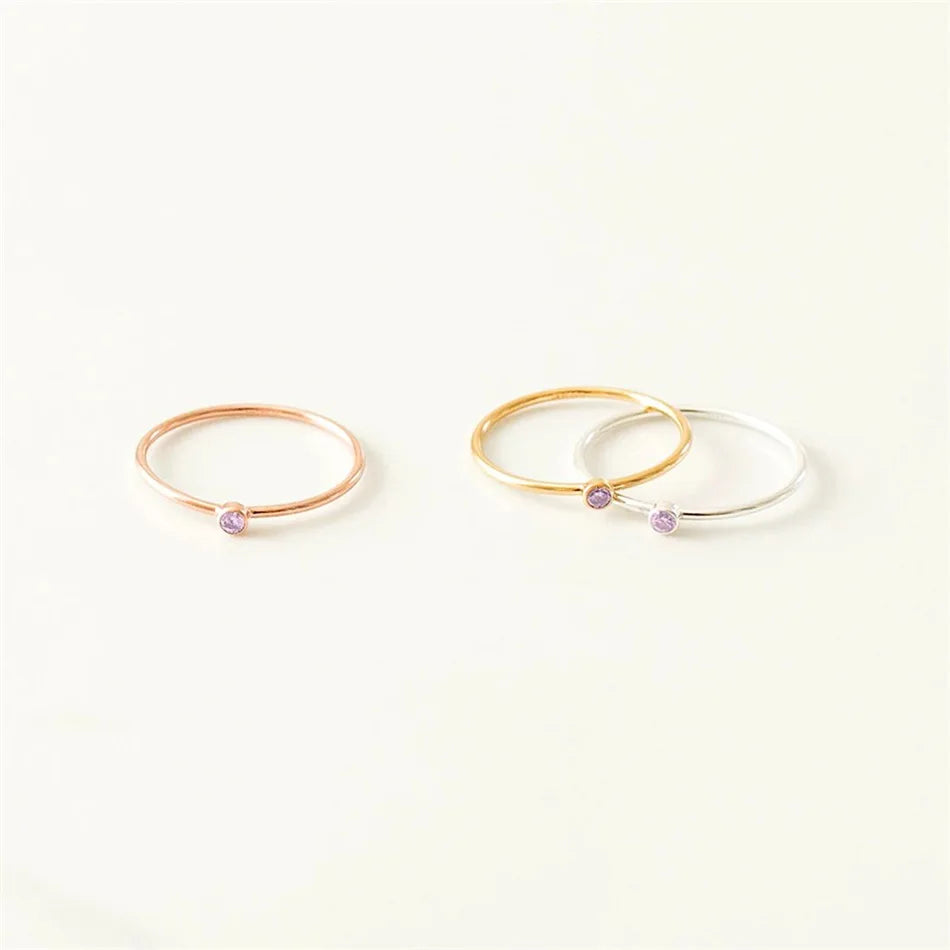 INS Simple Stainless Steel 14K Gold Plated High Polish 2MM Colorful Zircon Birthstone Circle Finger Ring Band Rings Jewelry