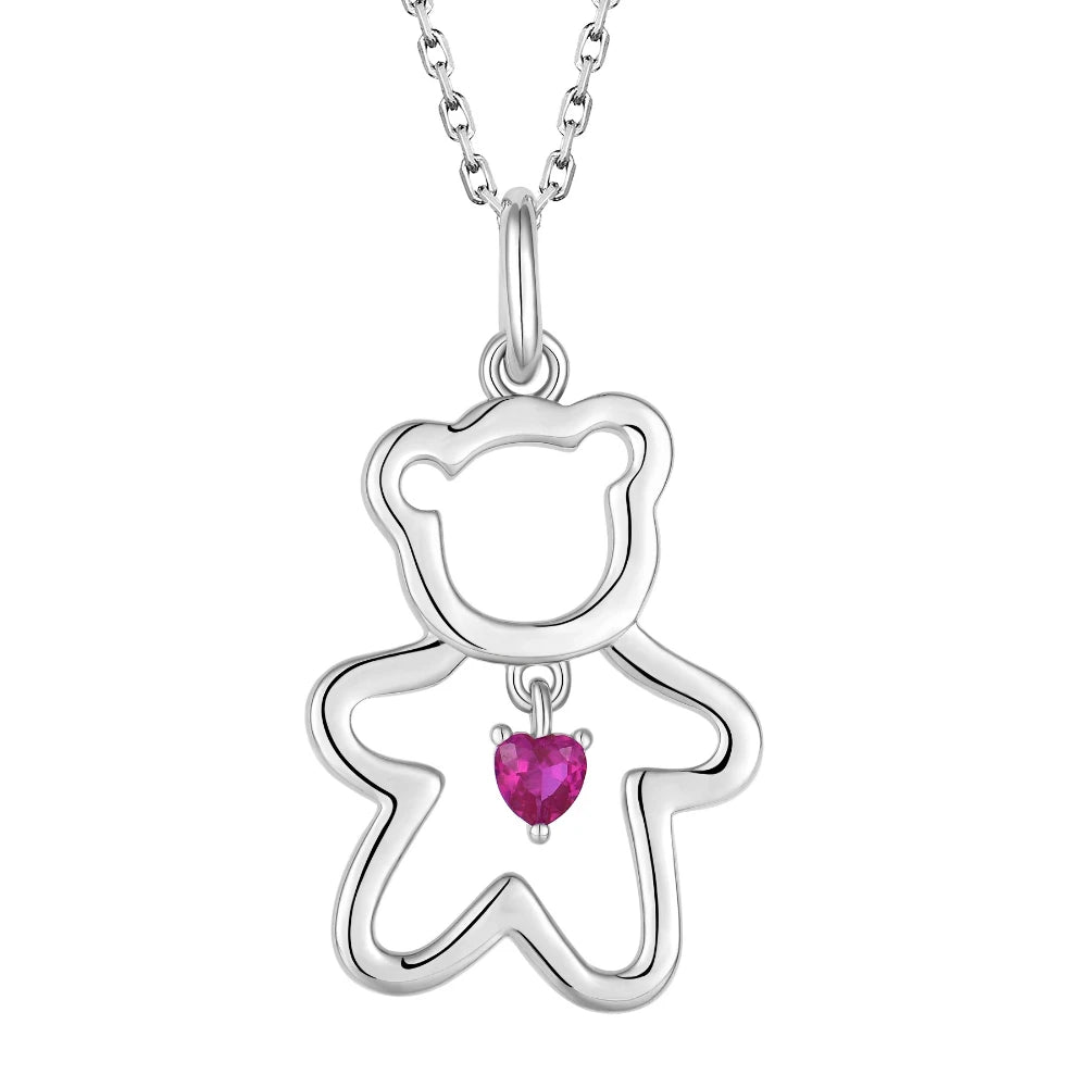 925 Sterling Silver Teddy Bear Pendant With Pink Heart-Shaped Gemstone - Adorable and Durable Children's Necklace for Girls