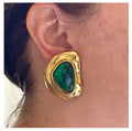INS Hot Selling 18k Gold Plated Stainless Steel Beat Pattern Emerald Large Emerald Earring for Woman