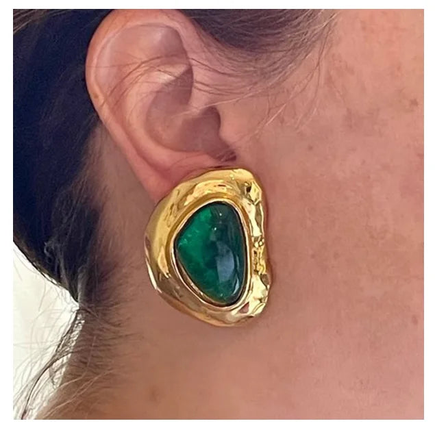 INS Hot Selling 18k Gold Plated Stainless Steel Beat Pattern Emerald Large Emerald Earring for Woman