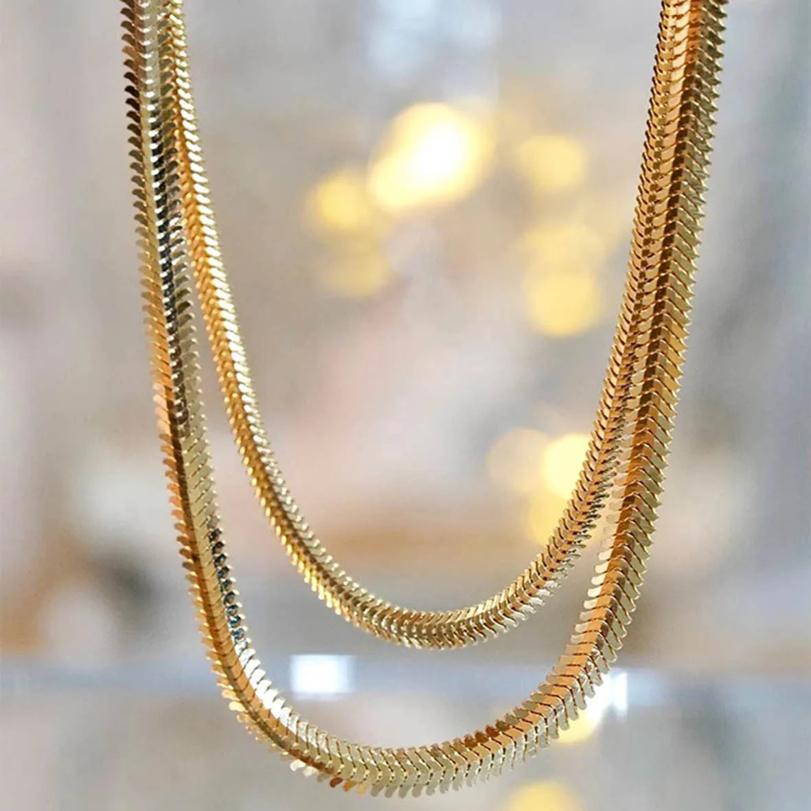 18K Yellow Gold Au750 Flat Snake Chain Necklace Herringbone Chain Jewelry Chunky Chain Gold Necklace 16''18'' Jewelry