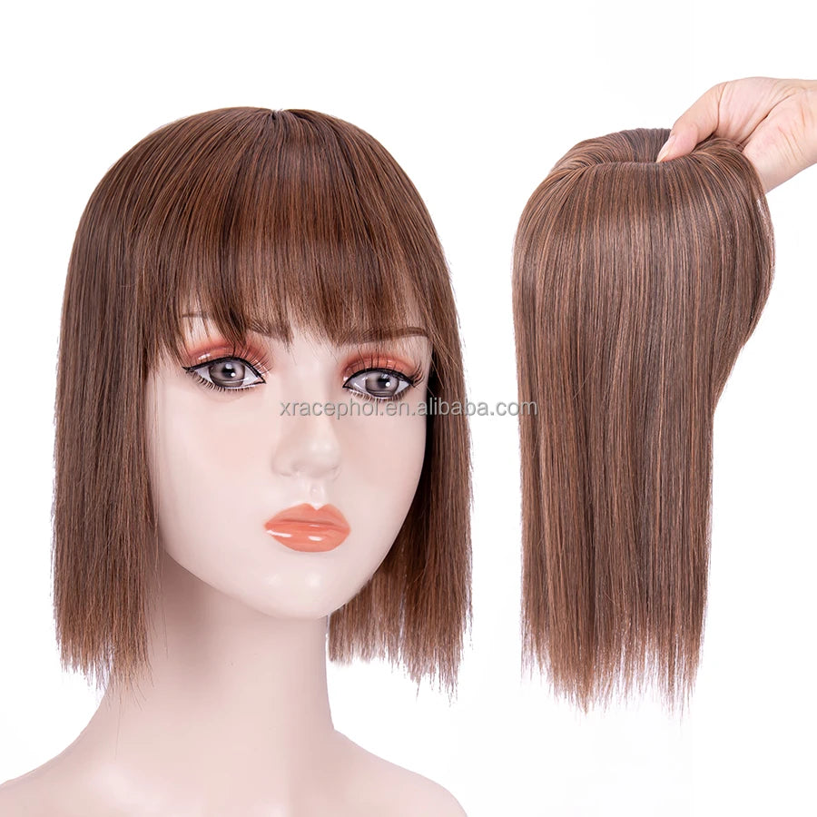 Wholesale Blonde Natural Straight Silk Base Synthetic Hair Toppers for Women with Bangs Gray Thinning Hair