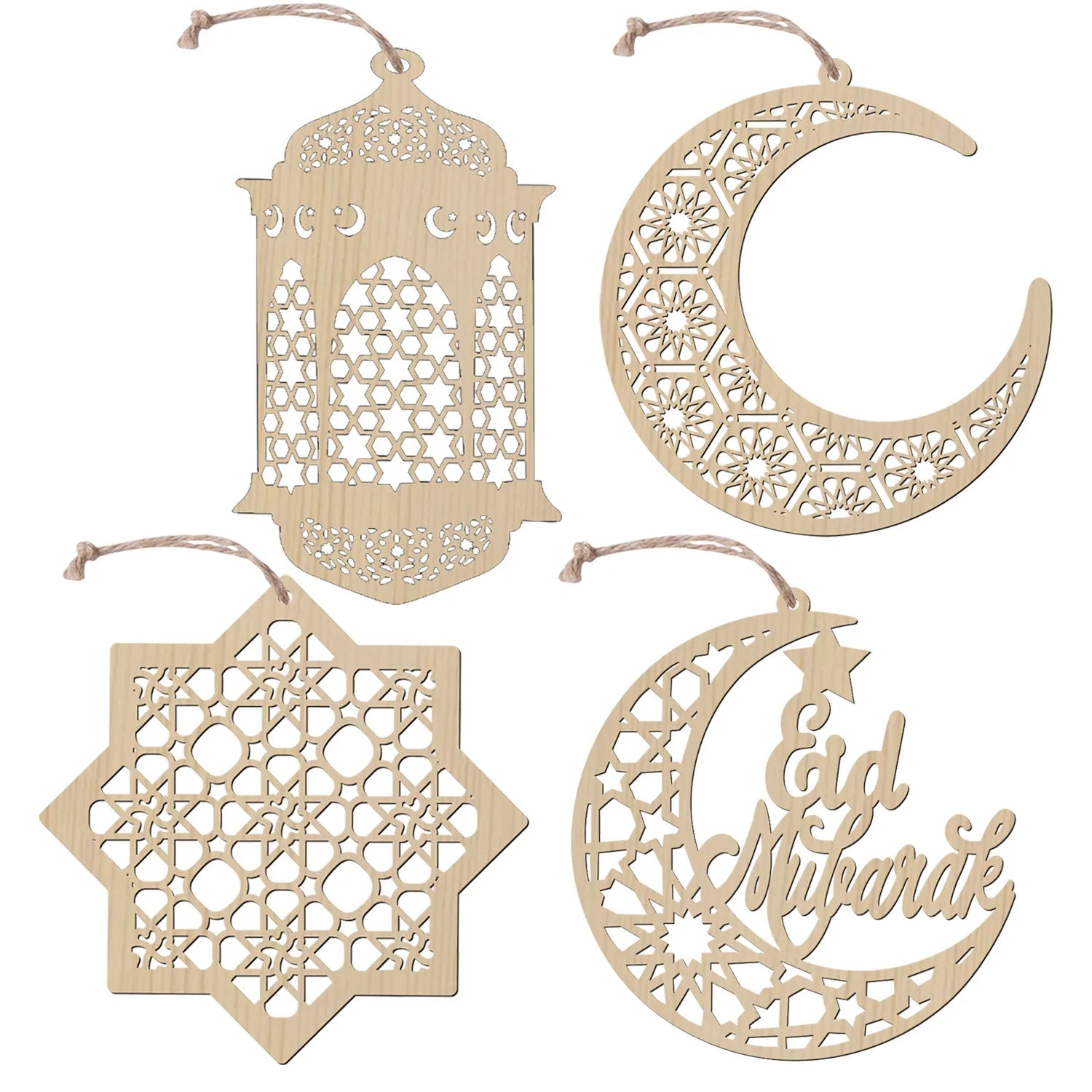 Islamic Muslim Eid Ramadan Mubarak Wooden Moon Star Lantern Pendants Plaques Sign Party Decorations Wall Art Decor Hanging