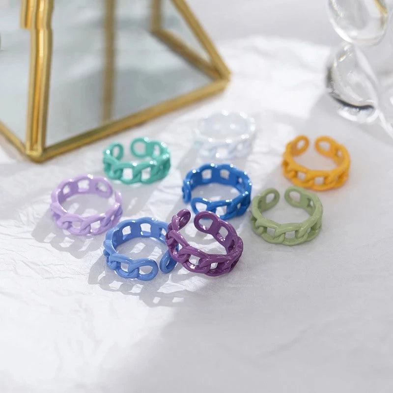 New Vintage Aesthetic Resin Ring Punk Colorful Acrylic Hollow Geometric Chunky Chain Link Open Ring for Women Statement Jewelry