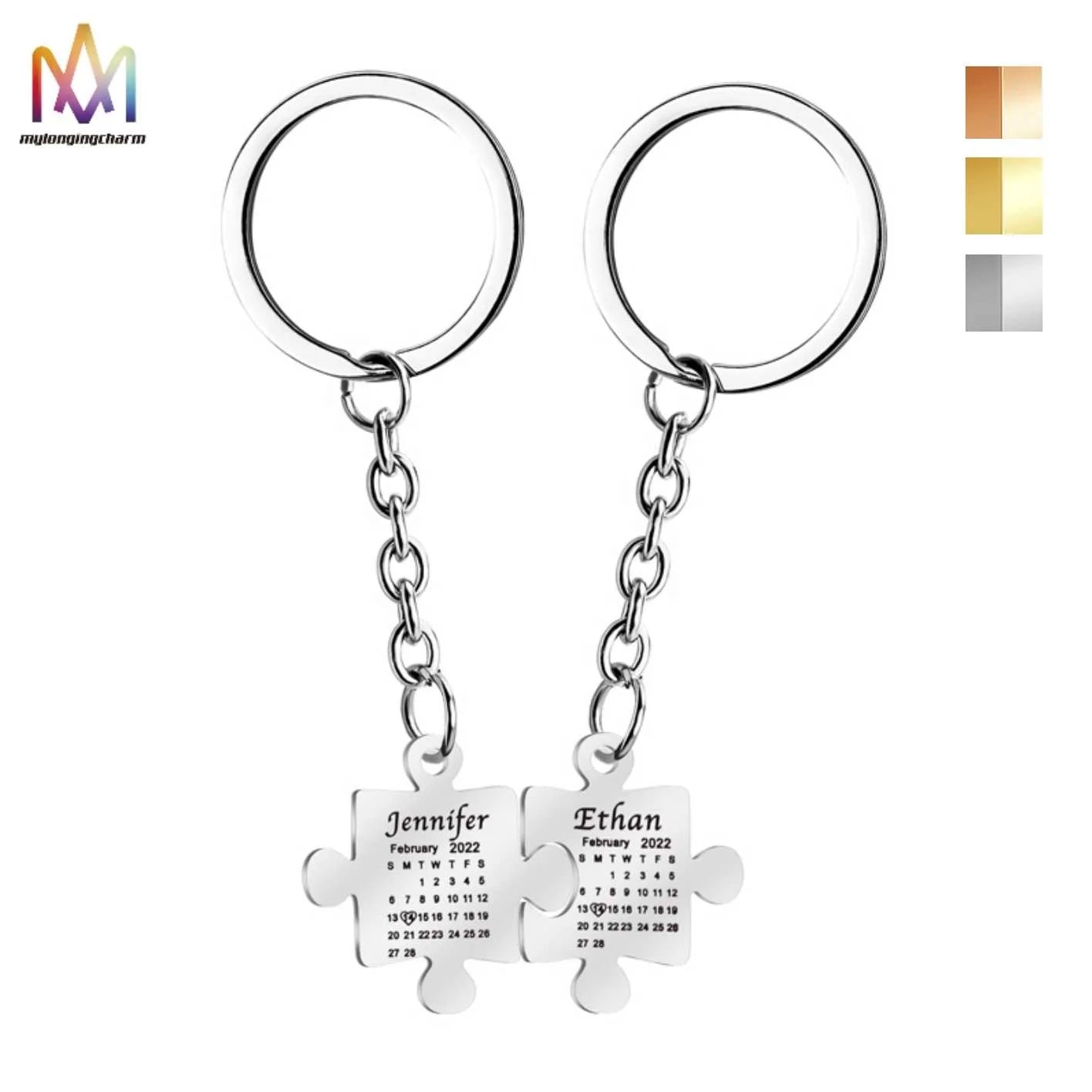 Stainless Steel Custom Jigsaw Calendar Keychain for Family Couple Friends Original Gift Engraved Name Keychain