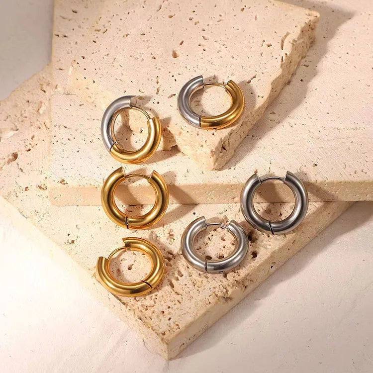 ES1149 2023 Simple Stylish Popular Gold and Silver Two Double Tone Plated Stainless Steel Huggie Hoop Earrings