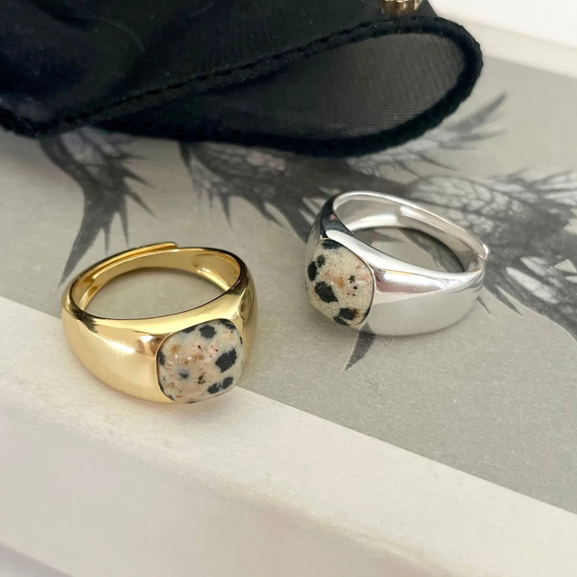 Natural Speckle Gemstone Jewelry Minimalist Women 925 Sterling Silver Adjustable Promise Rings