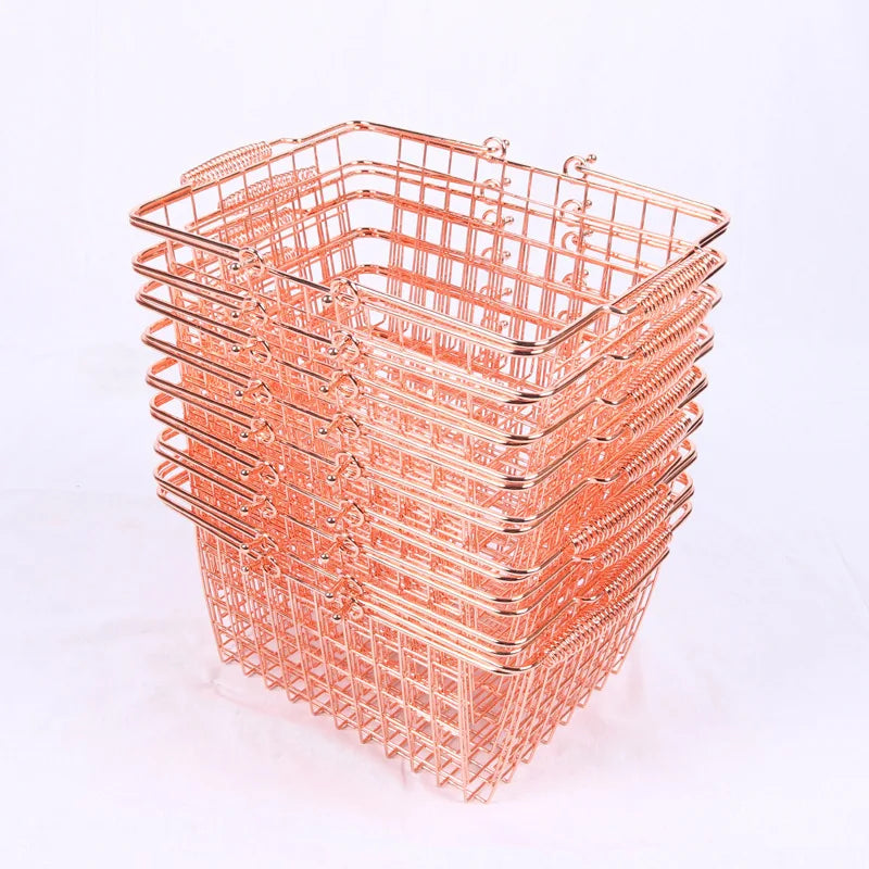 Golden Rose Silver Black pink Color Factory Wholesale Price Metal Mesh Shopping Storage Basket with Handles