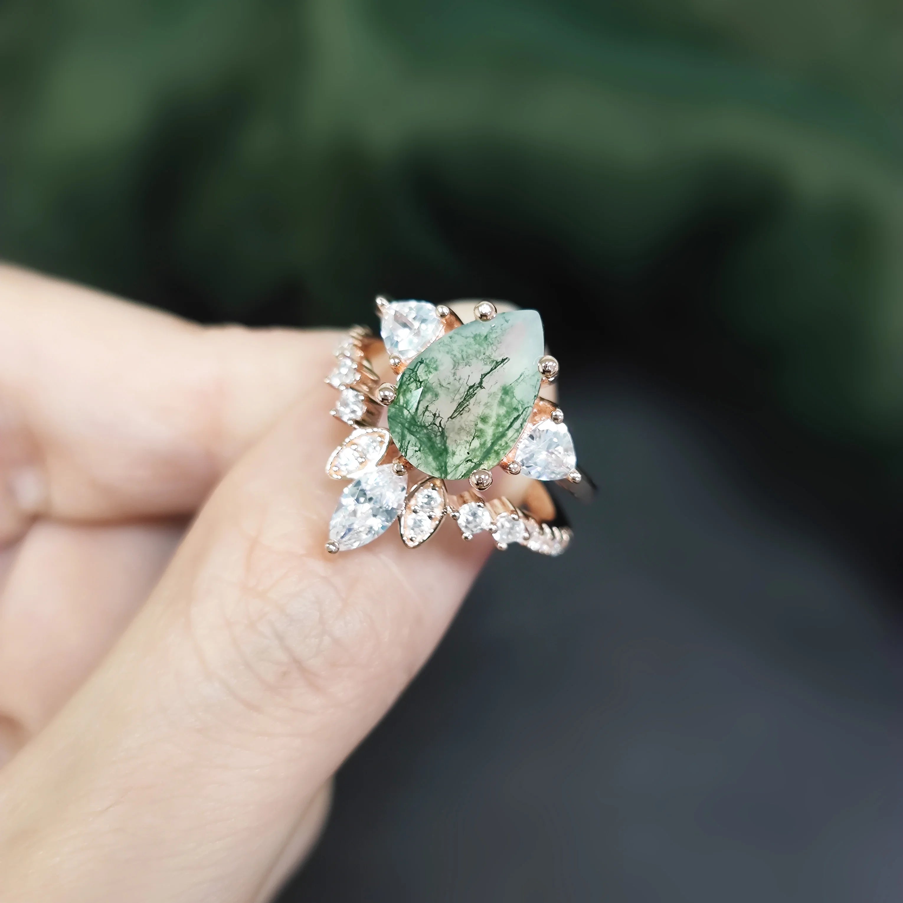 Abiding Fine Jewelry Custom Luxury Wedding Ring Sets 925 Sterling Silver Trendy Pear Moss Agate Engagement Chunky Ring Set