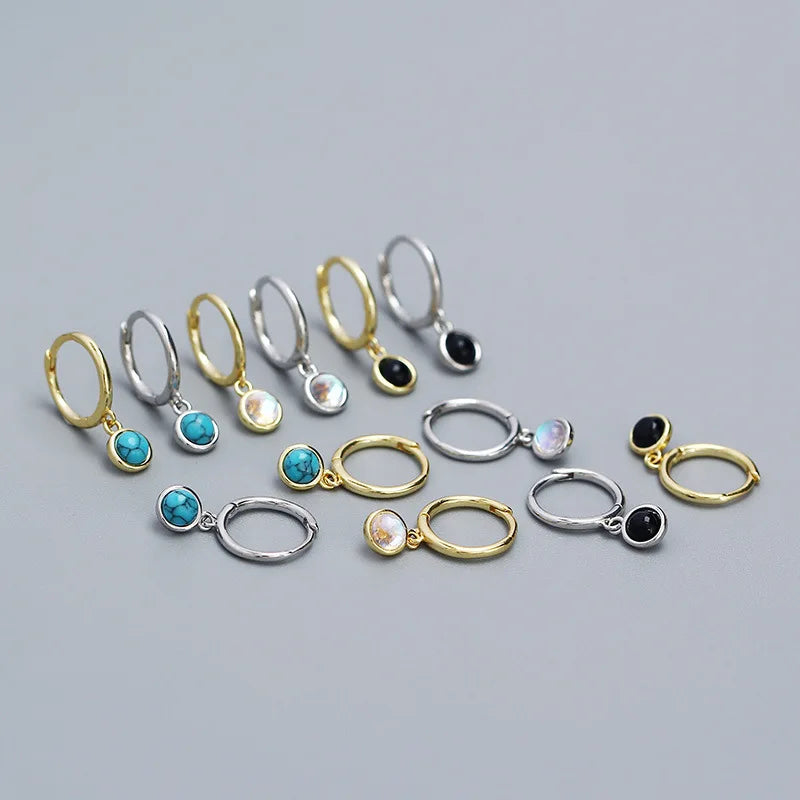 925 Sterling Silver Natural  Moonstone Agate Turquoise Earrings Dangling Hoops Huggie for Women Girls Jewelry
