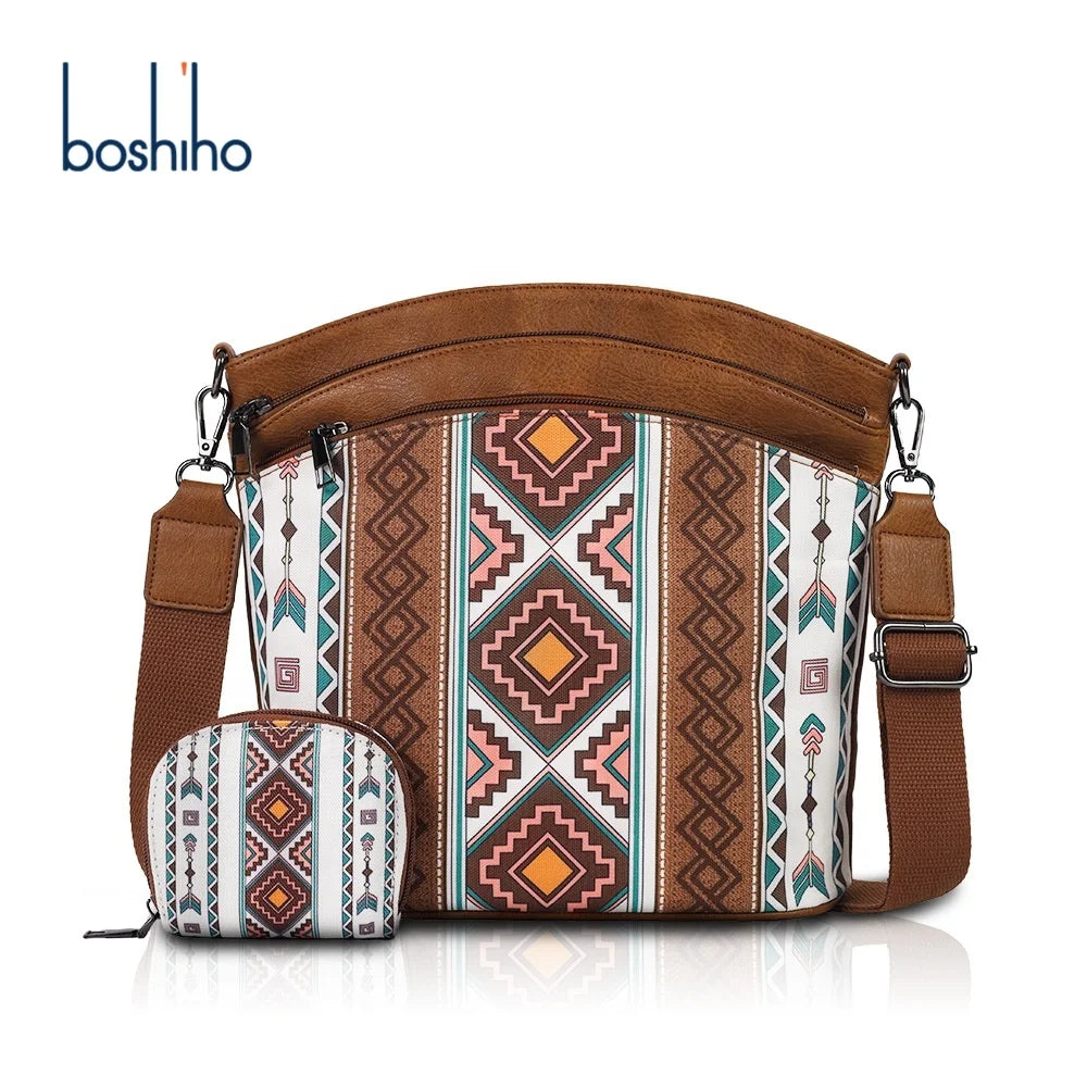 Wholesale Vintage PU Leather Crossbody Bag Boho Aztec Tribal Fashionable Unisex Shoulder Messenger Zipper Portable for Women Men