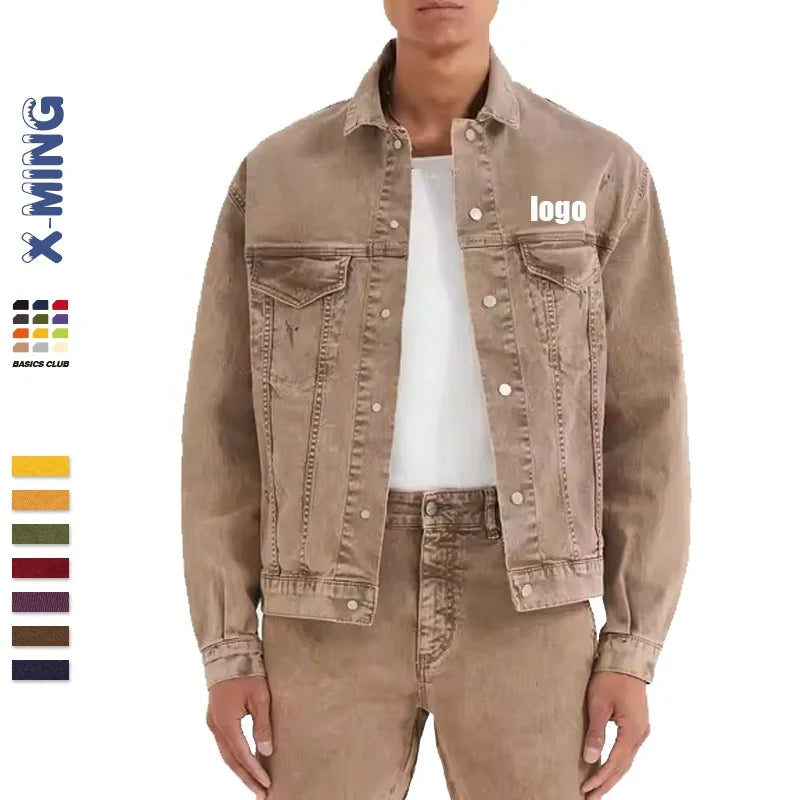 Customized Men Denim Jacket Outdoor Casual Cotton Turn-down Collar Stone Wash Brown Oversized Workout Jean Jacket for Men