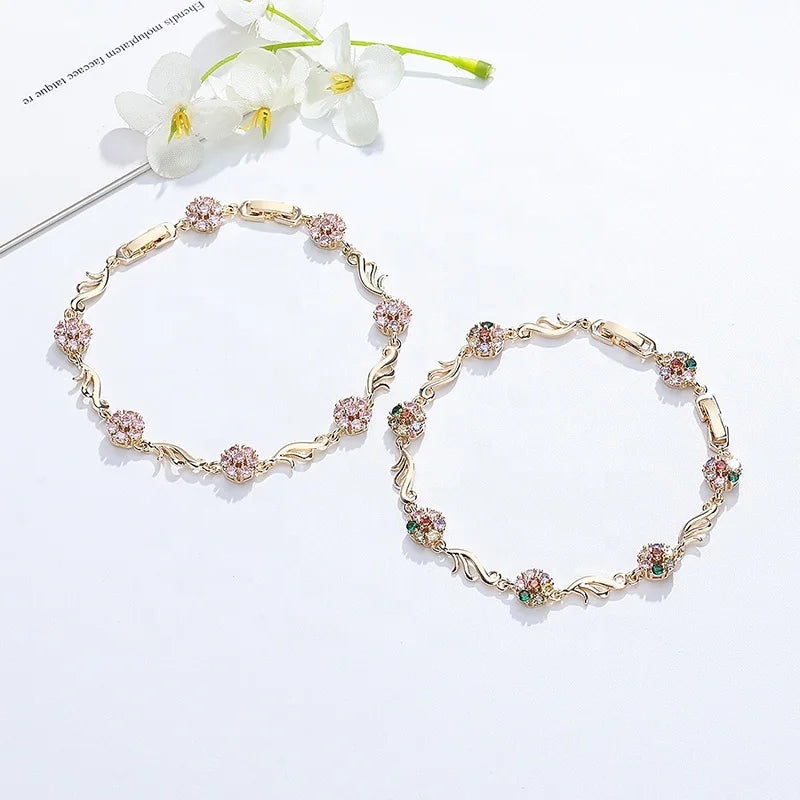 Hengdian Jewelry Blooming Elegance Wholesale Aaa Cubic Zirconia Flower Women Bracelets and Bracelets in 18K Gold Plated Jewelry