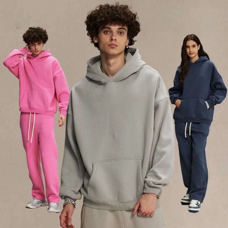 Men Overweight 350g Hoodies Blank Solid Custom Design Loose Hooded Cotton Pullover Oversized Casual Warm Fleece Hoodies