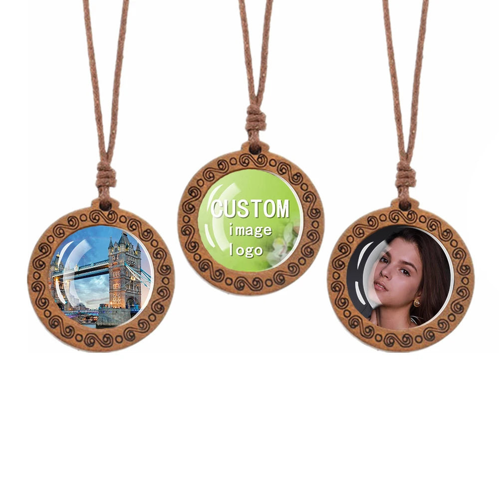 Unique Design Custom Photo Laser Cut Logo Wooden Pendant Vintage Wax Rope Chain Necklaces  for Promotional Gift Souvenir