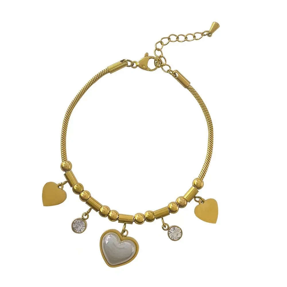 Fashionable and Unique Gold Heart Beaded Stainless Steel Bracelet-Trendy Cute Women's Party Anniversary Gift