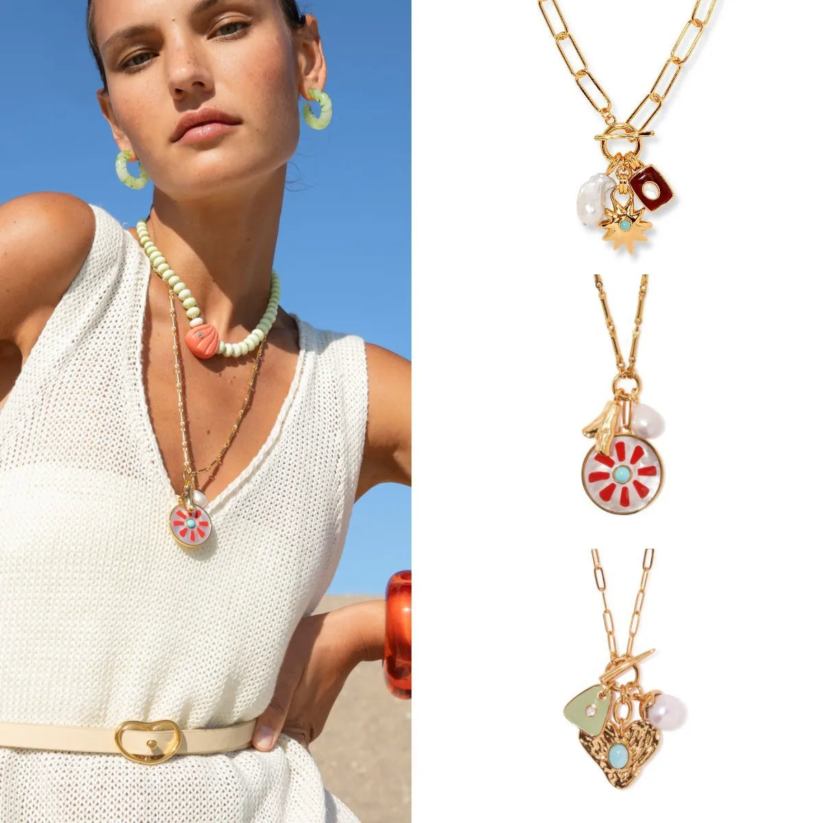 18K Gold Plated Brass Baroque Pearl Enamel Moon and Star Heart Necklace for Women New Styles Trendy Link Chain Gift