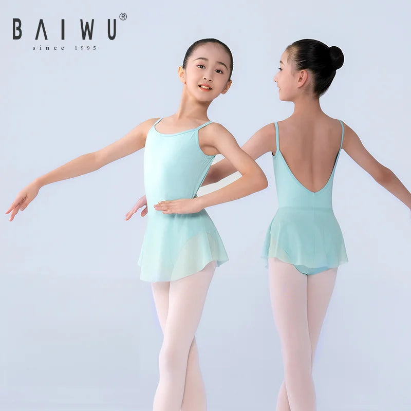 123241114 BAIWU High Quality Girls Children Dance Wear Nylon Spandex V Back Ballet Leotards With Skirt