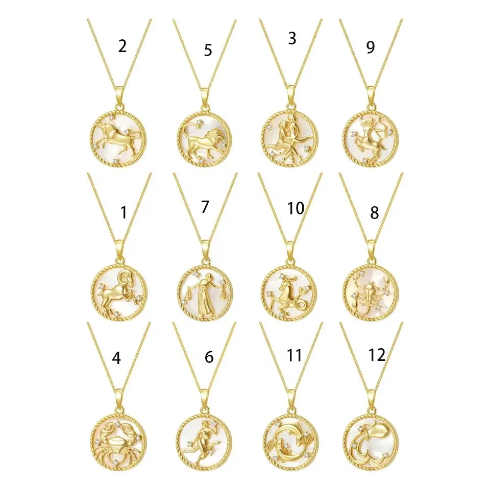 Cadenas De Plata CZ 925 Sterling Silver Mother of Pearl 12 Constellations Pendant Necklaces 18k Gold Plated Zodiac Sign Necklace