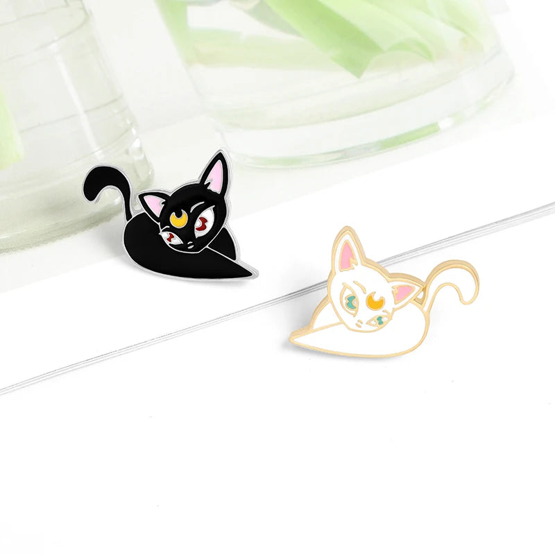 Custom Moon Girl Kitten Luna for Plated Soft Enamel Pins Cute Animal Design Black White Bag for