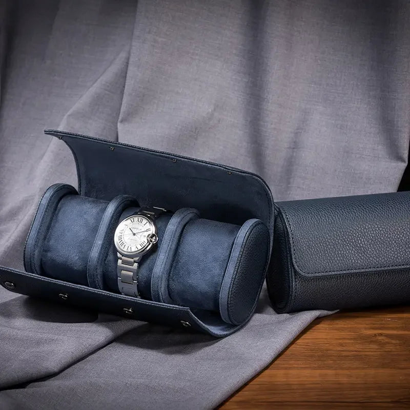 Retro Stocked Fast Delivery Roll up Leather Blue Round Sturdy Separated Sliding Pillows Elegant Winder Case High-end Watch Box