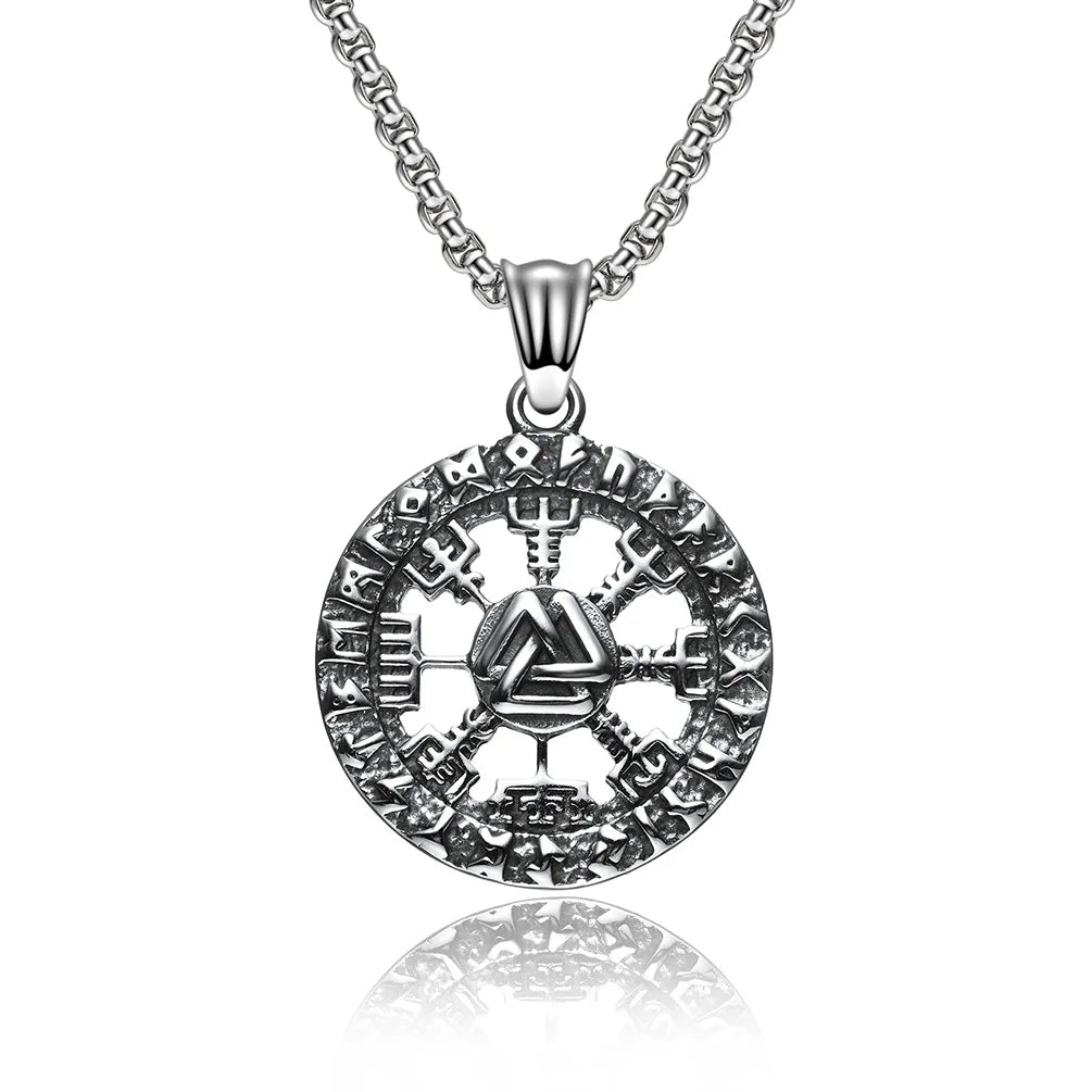 Wholesale Stainless Steel Jewellery Men Futhark Rune Compass Mjolnir Pendant Necklace Viking Norse