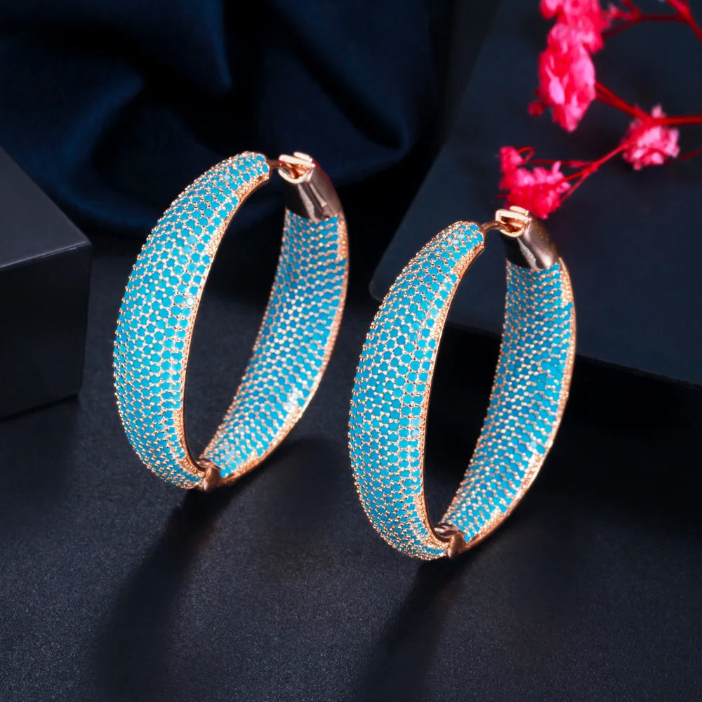 Luxury Turkish Light Blue Cubic Zirconia Large Loop Hoop Earring for Women Fashion Statement Light Gold Plated Jewelry