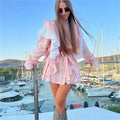 Elegant French Short Dresses 2024 Spring New Style Stand-Up Collar Bell Sleeves Printed Strap Waist Dress Women's Trend
