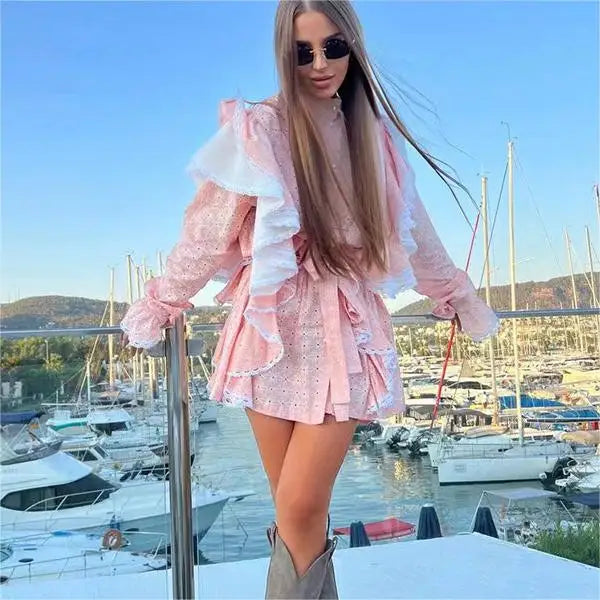 Elegant French Short Dresses 2024 Spring New Style Stand-Up Collar Bell Sleeves Printed Strap Waist Dress Women's Trend