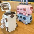 New Creative Bus Shape 500ml Plastic Straw Cup Reusable BPA Free Student Drinking Water Bottle with Straw and Rope