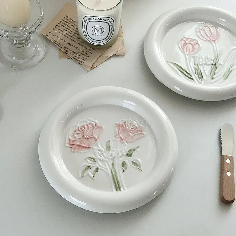 Ins Korea Embossed Hand Painted  Tulip Flower Ceramic Dinner Plate Girl Heart Underglaze Color Chubby Ceramic Dessert Cake Plate