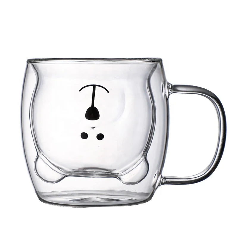 250ml Modern Custom Hand Made Insulated Eco-Friendly Bear Shape Double Walled Glass Coffee Cups with Handle for Restaurant Use
