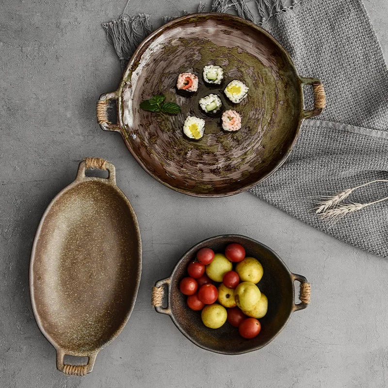 Japanese Handmade Coarse Pottery Plate  Ceramic Steak Plate Western Dinner Plate Pasta Tableware Plate